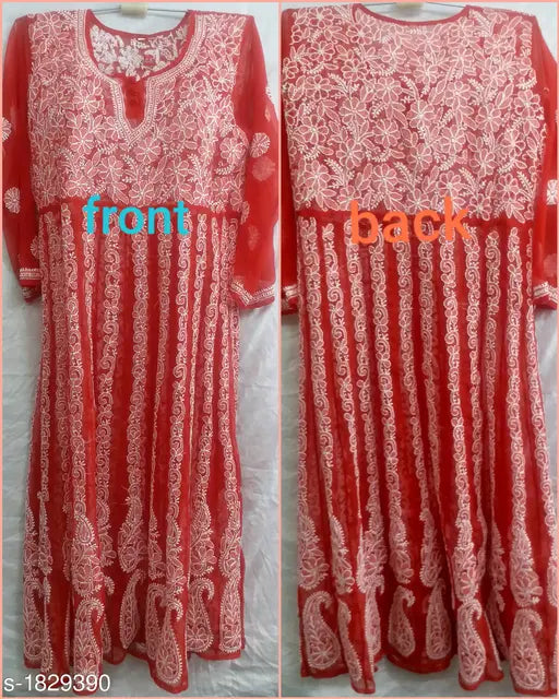 Red and white embroidered georgette kameez with front closure