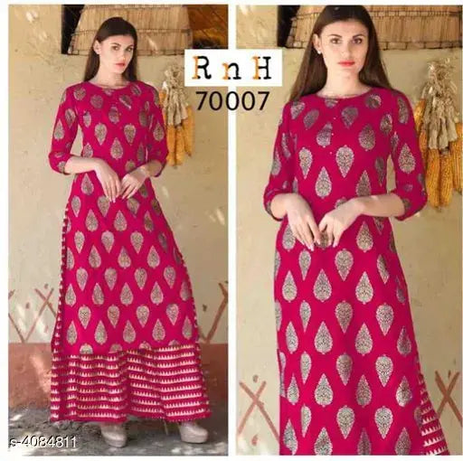 Women's rayon A-line printed long kurti with palazzos, three-quarter sleeves, Indian fashion accessory on mannequin