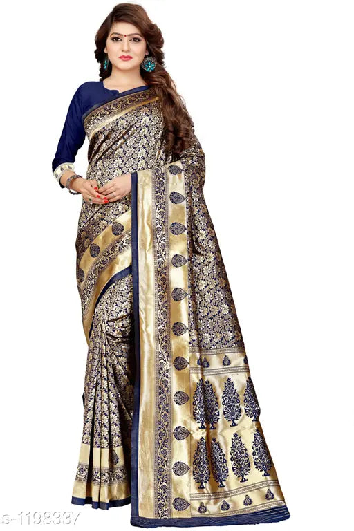 Jacquard paisley embroidered saree, navy blue, 9 yards