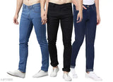 Stylish cotton-lycra men's jeans (pack of 3), versatile fit for various sizes from 28 to 36, Indian origin
