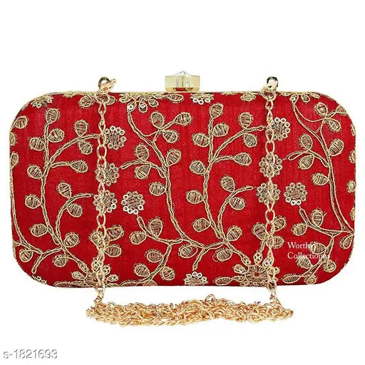 Red and gold embroidered synthetic clutch with chain strap