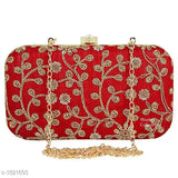 Red and gold embroidered synthetic clutch with chain strap