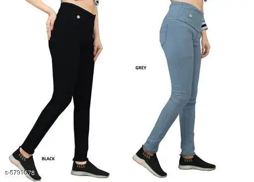 Denim Skinny Fit High Waist Jeggings for Women, Black-Grey, 2 Pack, on model with elastic closer and ankle length