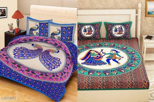 Stylish cotton printed double bedsheet set - 144 thread count, pack of 2 from India