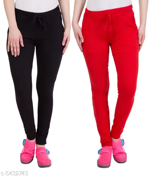 Adorable women's track pants combo - red stretchy joggers, black leggings, zip closure