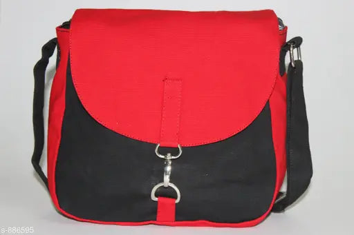 Stylish red sling bag, featuring a black strap and a zip closure
