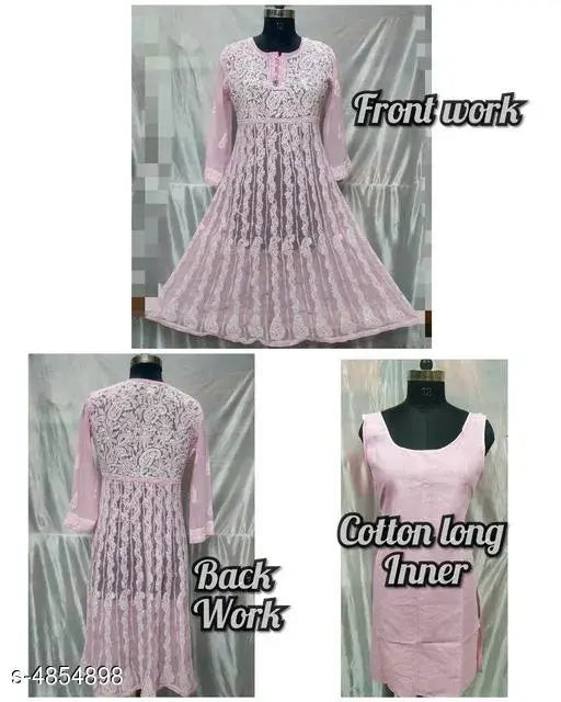 Handwork Chikankari chiffon Anarkali kurti with inner, long-sleeved chiffon dress featuring intricate embroidery. Size options: M, L (40in bust), XL (42in bust), XXL (44in bust). Indian-made Lucknowi Chikankari anarkali kurti with inner lining