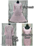 Handwork Chikankari chiffon Anarkali kurti with inner, long-sleeved chiffon dress featuring intricate embroidery. Size options: M, L (40in bust), XL (42in bust), XXL (44in bust). Indian-made Lucknowi Chikankari anarkali kurti with inner lining