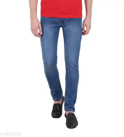 Men's standard solid denim jeans, dyed/washed in 28", 30", 32", 34", or 36" sizes. Indian-made men's denim jeans