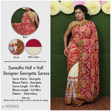 Red and cream designer georgette saree, 6 yards, unstitched