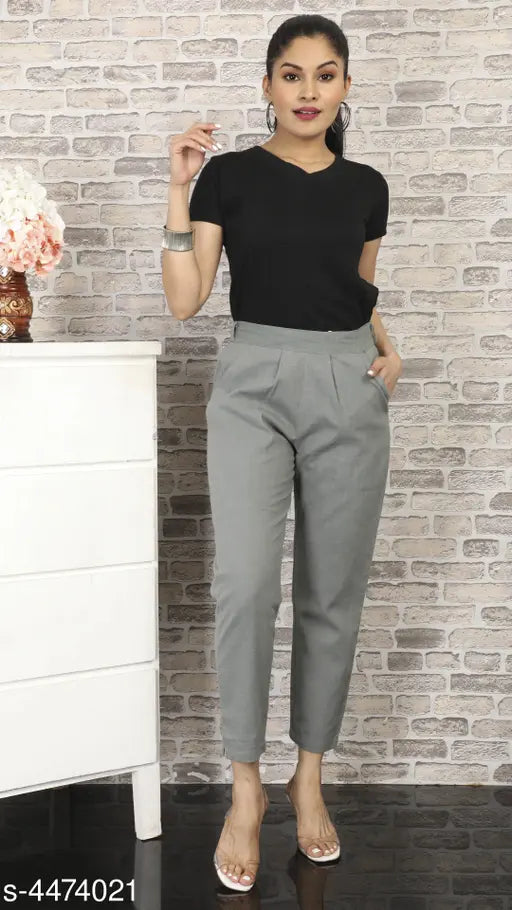 Khaki cotton trousers, mid-rise, elastic waistband