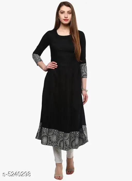 Viscose ethnic motif printed flared kurti for women, three-quarter sleeves, solid color combination, Indian origin