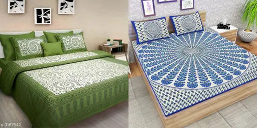 White and cotton Home Designer Combo Double Bedsheet with 4 matching pillow covers, printed design, 144 thread count