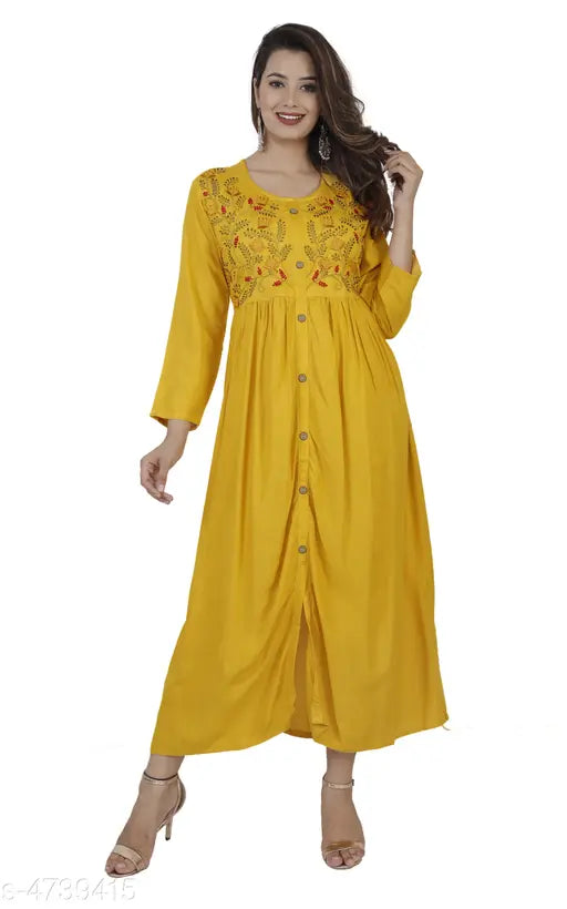 Mustard rayon embroidered flared kurti for women, three-quarter sleeves, India origin