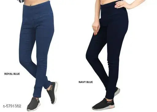 Denim skinny fit stretchable high waist royalblue-navyblue jeggings for women, solid pattern, ankle length, two pieces included