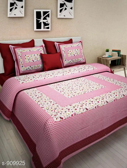 Stylish printed cotton double bedsheet with 140 thread count, 100in x 90in bedsheet and 27in x 17in pillow covers, Indian origin home decor