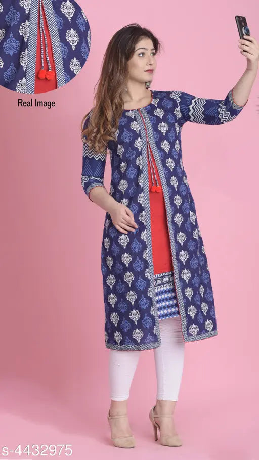 Women's printed layered kurti, cotton, blue and white pattern