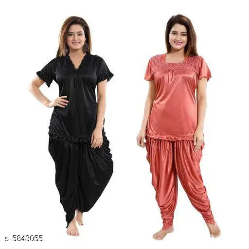 Trendy women's satin night suit combo with lace net detail, partiala pants and short sleeves, available in L, XL, and free size