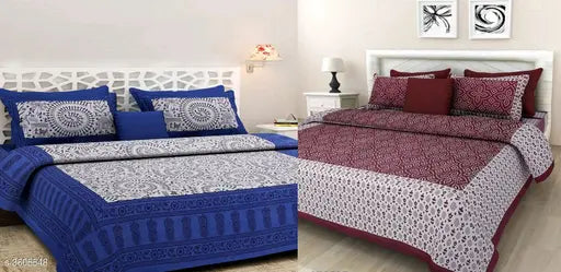 Attractive cotton double bedsheet (144 thread count, 92in x 84in), printed pillow covers (26in x 18in) on display