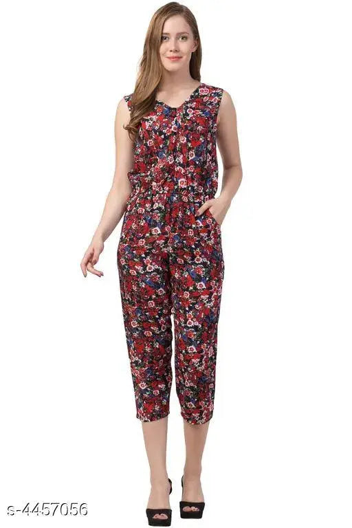 Petite women's poly crepe sleeveless printed net jumpsuit, petite size fashion on model