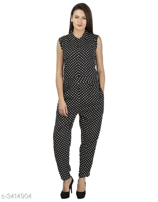 Black polka dot print crepe jumpsuit for women, full length, sleeveless, casual look, perfect western wear