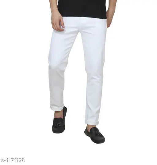 Solid white denim jeans for men by Zaysh, size options include 28, 30, 32, 34, and 36