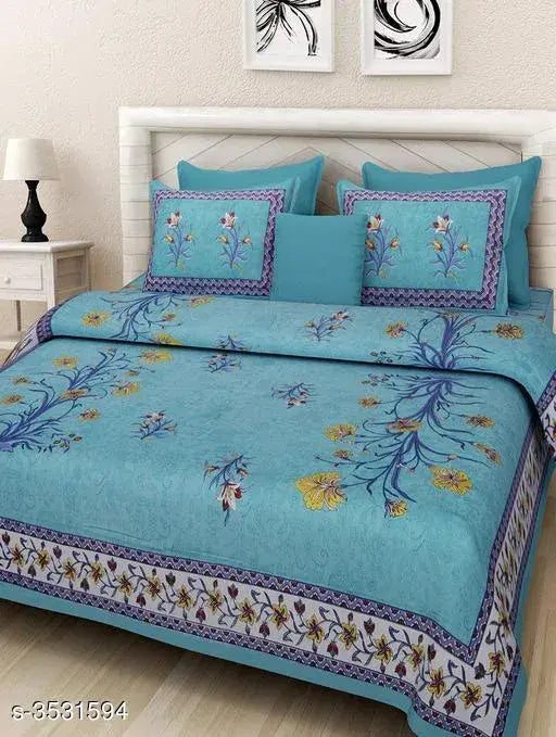 Rajasthani-printed cotton double bedsheet with 2 pillow covers, 160 thread count, India origin