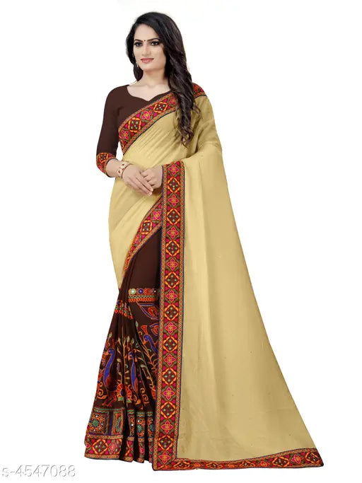 Yellow and brown georgette saree with floral border