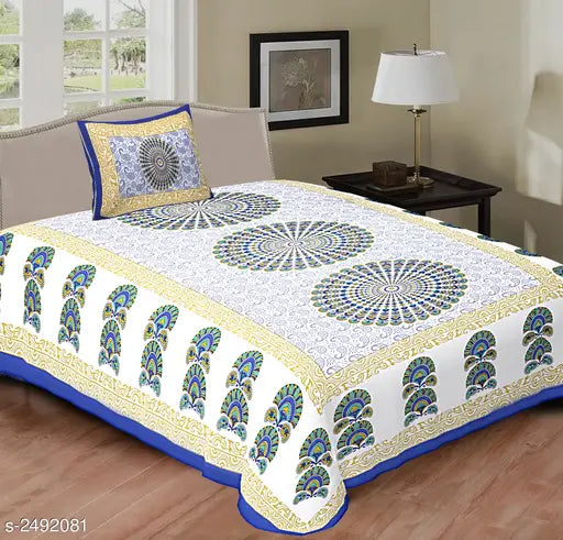 Colorful cotton printed single bedsheet with pillow cover, vibrant design on bedding for home decor, 87 x 59 in bedsheet and 27 x 18 in pillow cover, made in India, high thread count 144