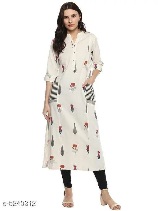 Cotton A-line kurti, floral printed, three-quarter sleeves. Divena Women's fashionable Indian attire
