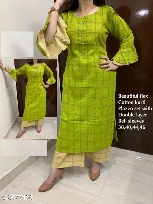 Women's cotton blend checkered A-line long kurti with palazzos, stitched and inclusive sleeves, size 38, 40, 44, 46 (kurta), 30, 32, 36, 38 (palazzo) - Indian ethnic wear for fashionable women