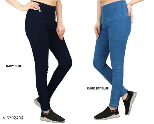 Denim skinny fit stretchable high waist elastic jeggings, navy blue for women - pack of 2