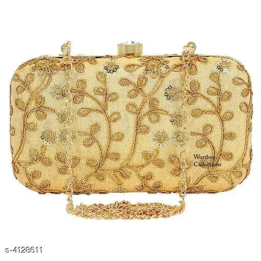 Gold embroidered clutch purse with chain strap
