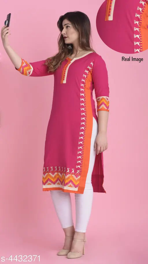 Indian ethnic motif printed cotton A-line kurti, three-quarter sleeves in XS size