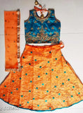 Blue satin lehenga-choli set, embellished with mirror work, short sleeves, 3-4 years size