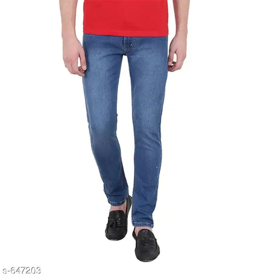 Men's standard solid denim jean, dyed/washed, in sizes 28-36. Durable, classic indigo jeans from India