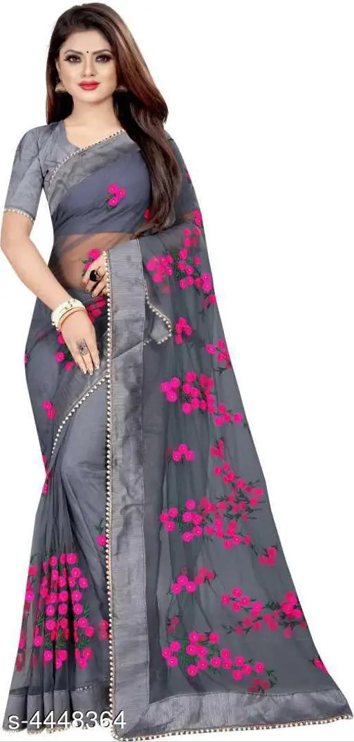 Red silk and net embroidered saree with separate blouse from Charvi, Indian fashion