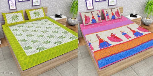 Attractive designer cotton double bedsheet, 144 thread count, 92x85 inches with matching 27x18 inch pillow covers (India)