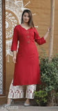 Women's embroidered rayon kurta with sharara - Solid net, three-quarter sleeve, rayon slub fabric set featuring palazzos, India origin