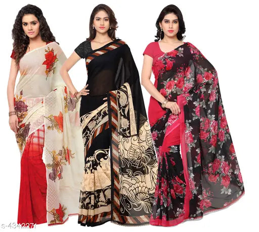 Georgette sari, floral print, red border, paisley design