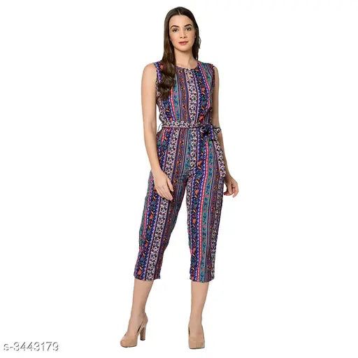 Crepe sleeveless printed net jumpsuit (M, L, XL), stylish womens fashion from India