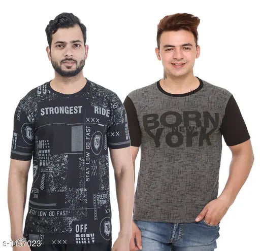 Stylish cotton blend men's T-shirt, short sleeves with printed pattern, size S from India