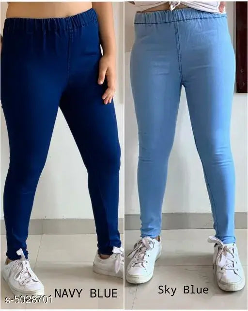 Solid navy-sky blue denim jeggings, stretchable and skinny fit for women's medium waist, ankle length - Pack of 2