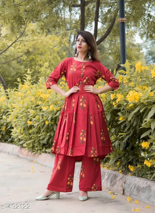 Cotton flared printed long kurti with palazzos - vibrant Indian outfit in cotton, three-quarter sleeves, available in M, L, XL, XXL