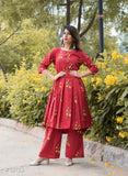 Cotton flared printed long kurti with palazzos - vibrant Indian outfit in cotton, three-quarter sleeves, available in M, L, XL, XXL