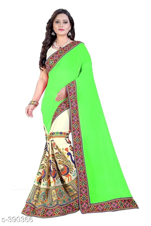 Green and gold traditional saree with border