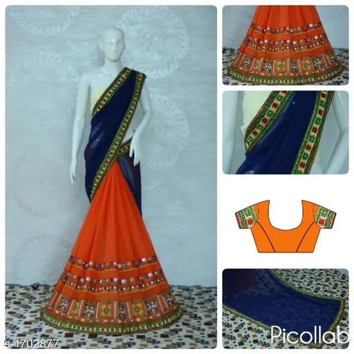 Georgette saree with border, blue and red colors