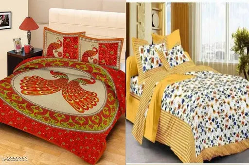 Stylish cotton printed double bedsheets combo (2pcs), high-quality cotton bed & pillow covers, Indian-made