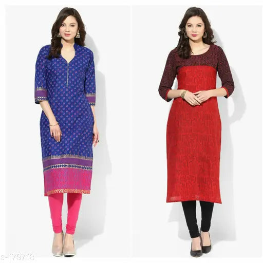 Cotton, multi-colored block print long kameez with matching dupatta