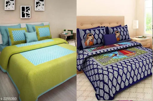 Attractive cotton printed double bedsheets set (2 pieces) with matching pillow covers, vibrant design on display